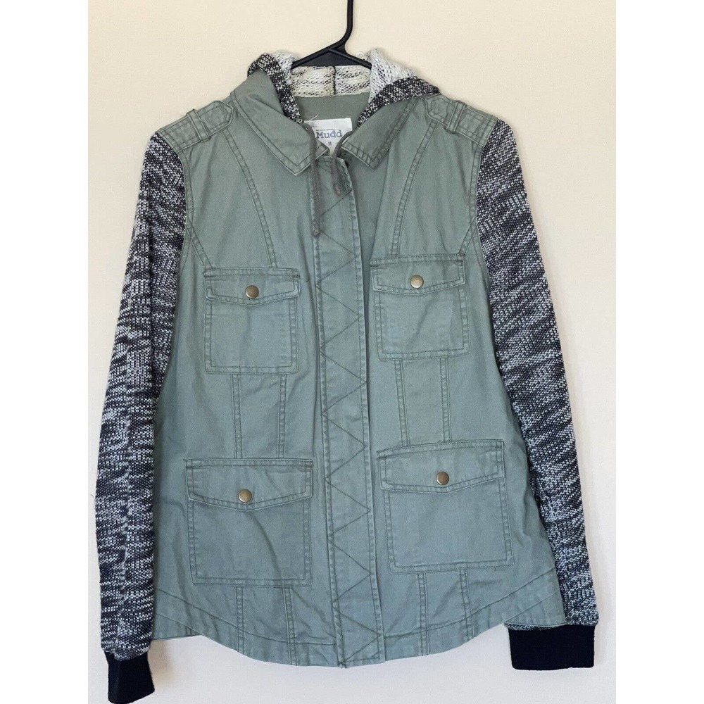 Mudd M Women’s Military Style Jacket with‎ Knit Sleeves & Hood